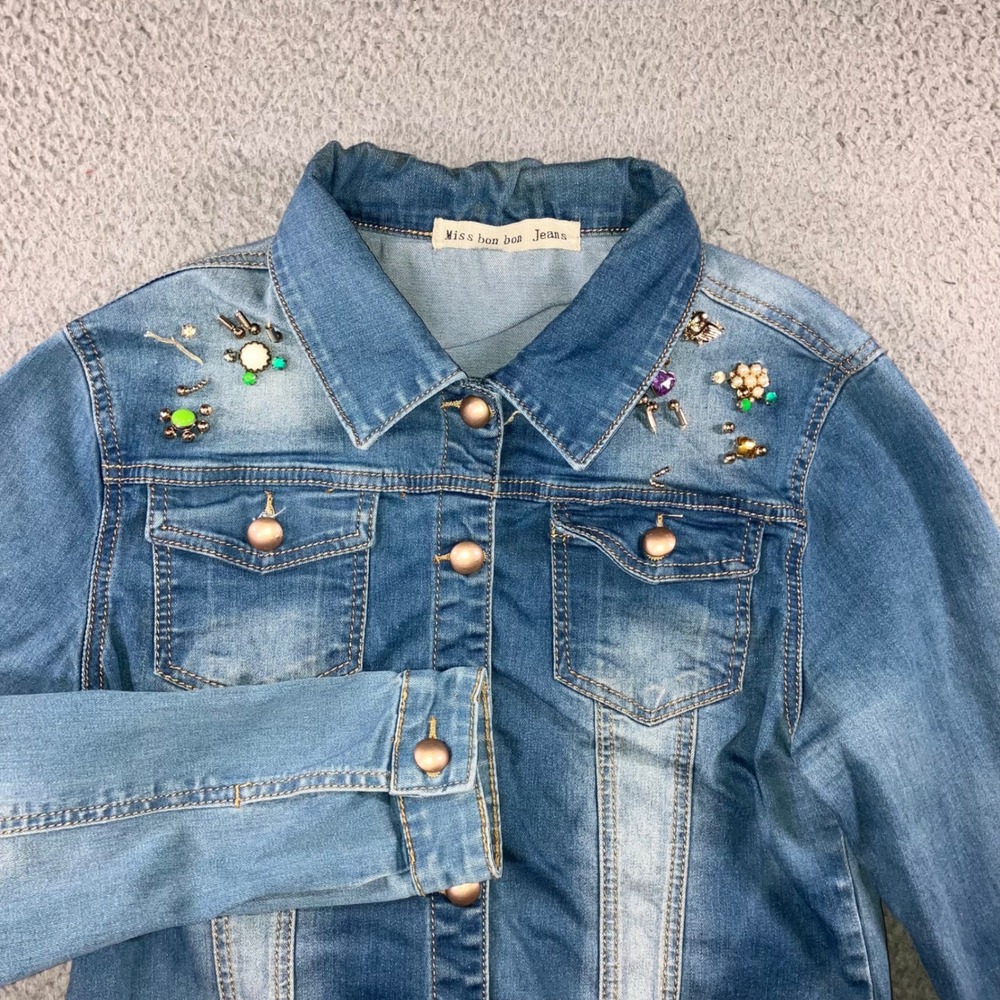 Embellished Beaded Denim Jacket Womens XL Blue Y2K indie Boho Chic Statement